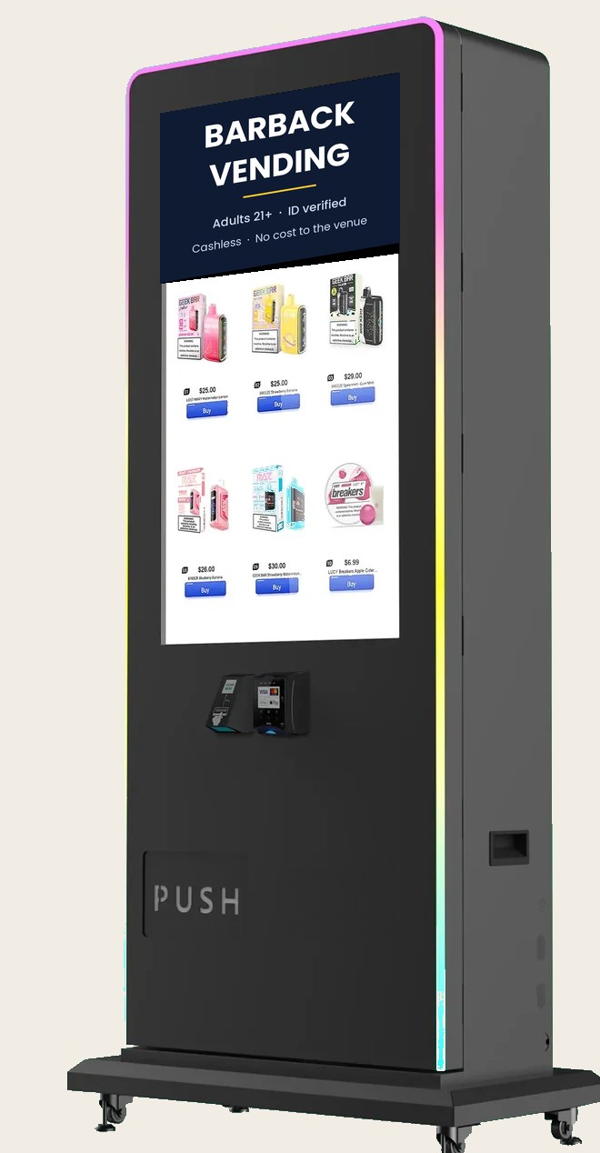 A Barback Vending age-verified nicotine vending machine with a lit touchscreen showing products and prices